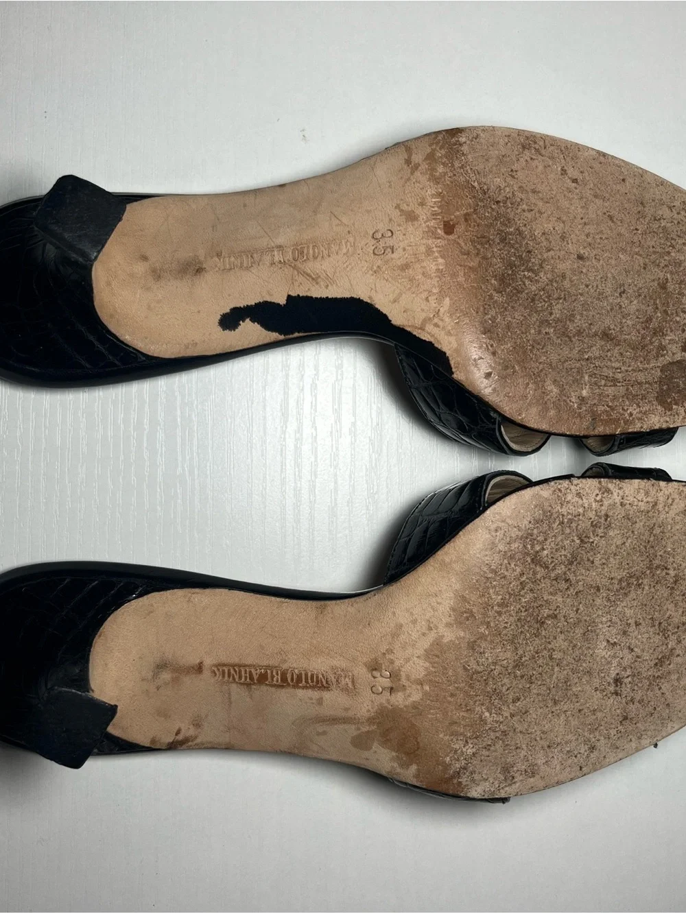 Manolo Blahnik Black Cross-Strap Leather Slide Heels
